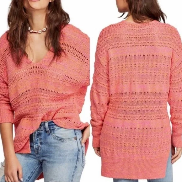 Free People Hot Tropics V-Neck Sweater Pink Large NWT - Picture 2 of 16